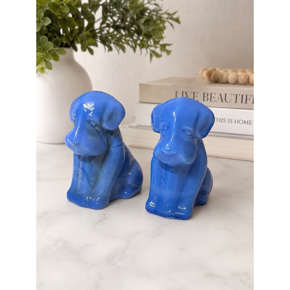 Vintage Degenhart Blue Slag Glass Puppy Dog Figurines Pair Cottagecore Decor